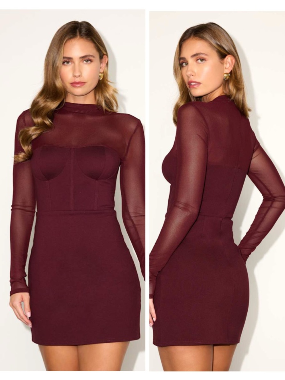 Lulus Cosmala Dark Rust Brown Bustier Long Sleeve Mini Dress Size Medium Mesh